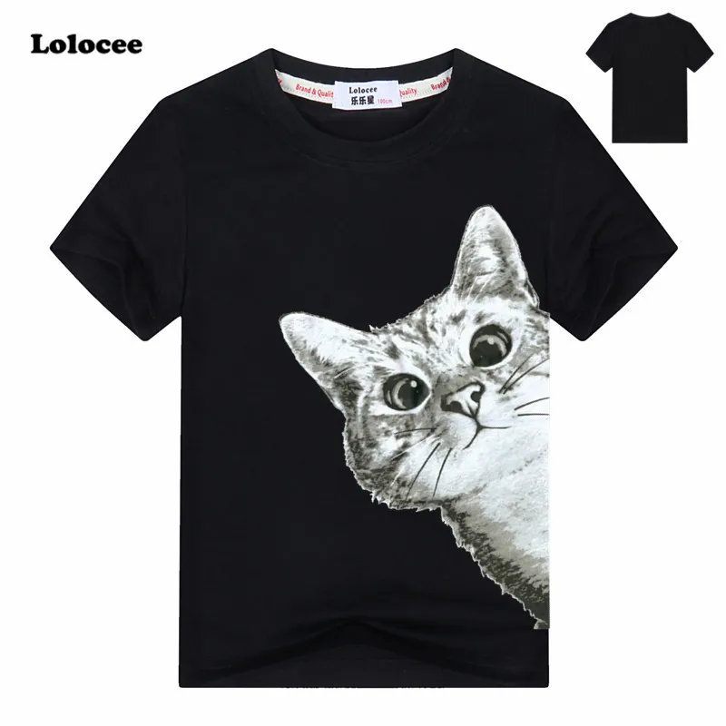 Модные футболки с объемным рисунком кота, летняя Милая брендовая одежда для детей, топы с короткими рукавами и принтом для девочек, одежда для маленьких мальчиков 3-13 лет - Цвет: Черный