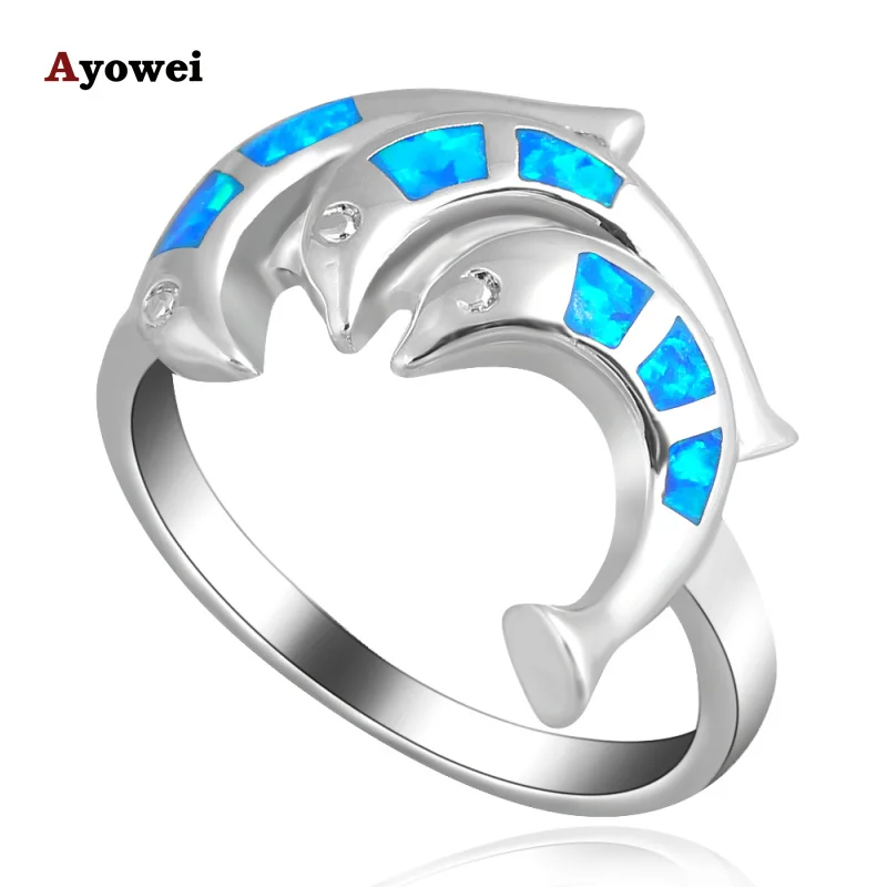 

AYOWEI Dolphin Delicate design Wholesale Retail Blue fire Opal 925 Silver jewelry Rings USA size #7.5 #6.5 #6.75 OR386A