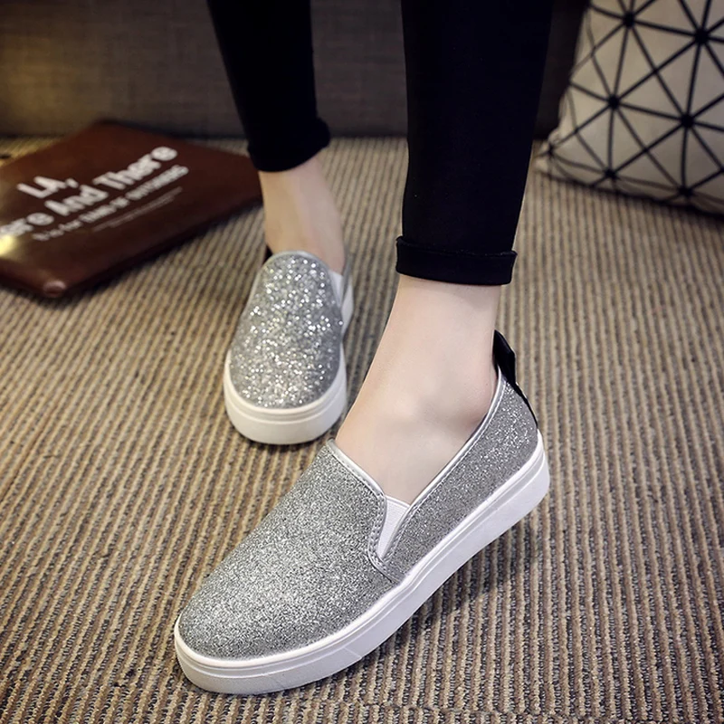 2017 New Women Shoes Shining Silver Flats Shoes Woman Slip on Soft ...