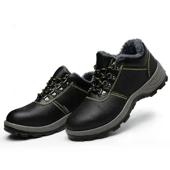 

men leisure large size steel toe covers work safety cotton shoes soft leather construction worker winter snow security fur boots