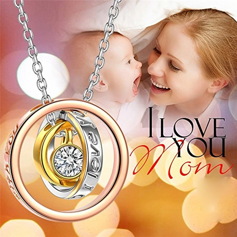 

Trendy Alloy 3 Rounds Circles Rhinestone Pendant I Love You Necklace I Love You Mom Always be With You For Mother's Gift