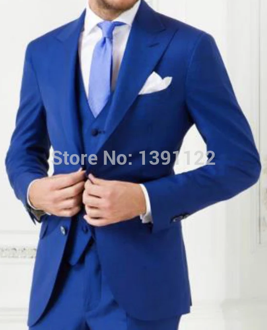 

2018 Custom made Royal Blue wedding suits 3 pieces Men Tuxedos Slim fit Notched lapel Grooms wedding suits (jacket+pants+vest)