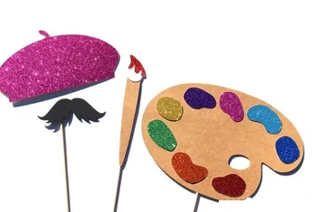 

Artist Beret, Mustache, Paint Palette and Paint Brush Wedding Photobooth Prop sets bridal shower Photo Booth Props party masks