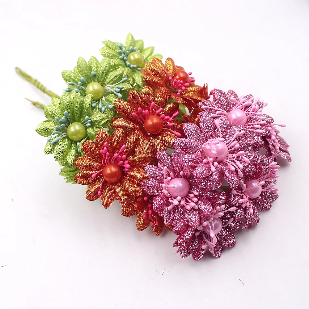 

6Pcs Artificial Flowers 4CM Glitter Pearl Daisy For Wedding Party Decoration Accessories Fleurs Scrapbooking DIY Craft Supplies