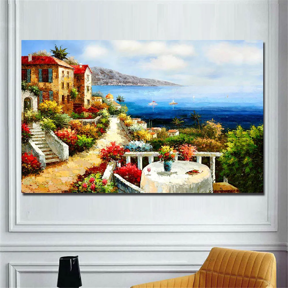 

Mediterranean Landscape Oil Painting Print on Canvas Abstract Seascape Canvas Painting Wall Prints Art Picture for Living Room