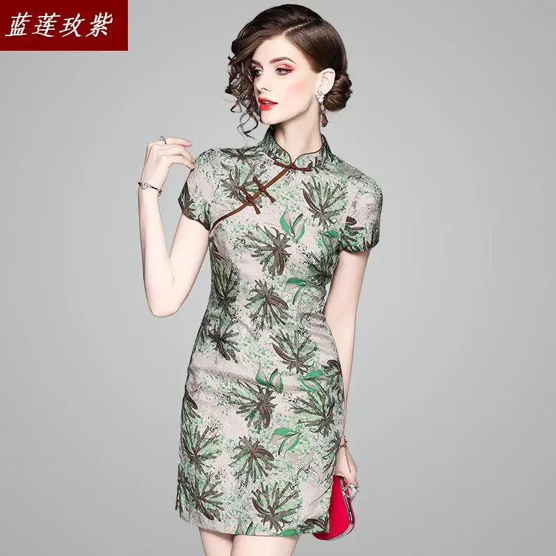 

2019 chinese style retro summer qipao dresses womens fashion print dress ladies stand collar short sleeve rayon cheongsam dress