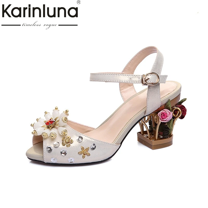 Karinluna 2018 Summer Brand Design Sweet Genuine Leather Women Sandals Big Size 34-43 Strange Heels Shoes Woman Party Wedding Karinluna 2018 Summer Brand Design Sweet Genuine Leather Women Sandals Big Size 34-43 Strange Heels Shoes Woman Party Wedding
