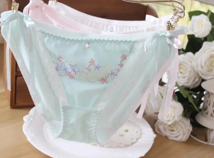 100 Real Photos side tie close Cute Lolita Kawaii Princess Cotton Butterfly Embroidery Panties