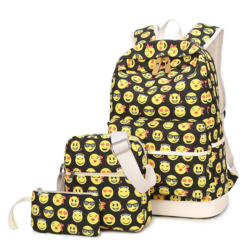 Fashion 3 Pieces Set Emoji Girl Schoolbag Backpack High Quality Canvas Female Travel School Satchel Women