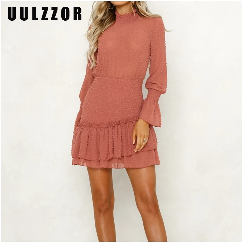 

UULZZOR Women dress summer new See Through Ruffle Mesh Mini Dress with Lining Solid Elastic Lantern Sleeve Dress Female Vestido