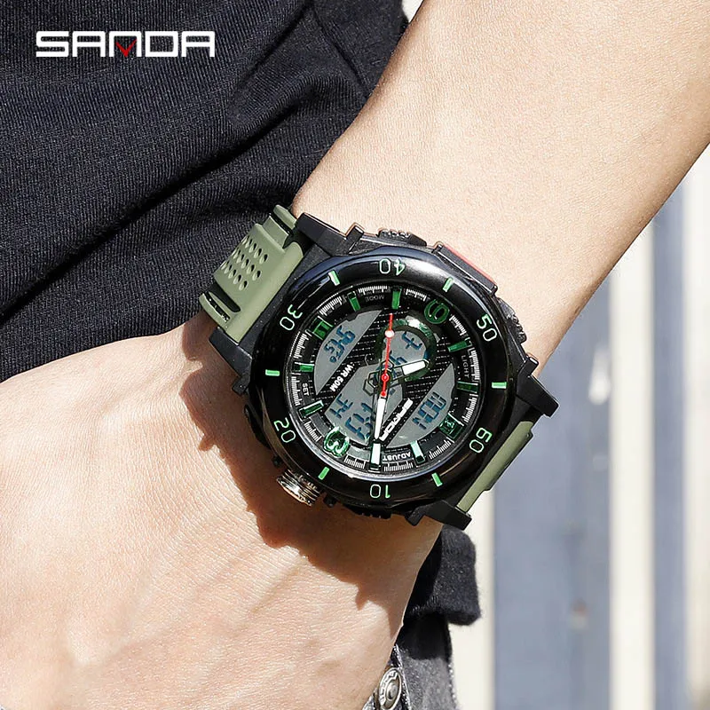Army Green SANDA Роскошные многофункциональные аналоговые цифровые спортивные часы мужские армейские военные наручные часы резиновый ремешок водонепроницаемые светодиодные кварцевые часы - Цвет: Army Green