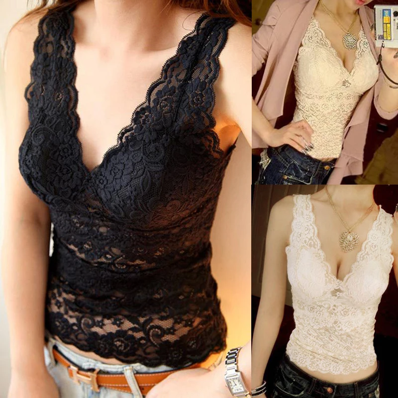 

2019 Women's Sexy Tank Tops Lace Flower Pattern Tops Deep V Collar Vest Hollow Lace Tops For Female Sexy Strappy Bralet Crop Top