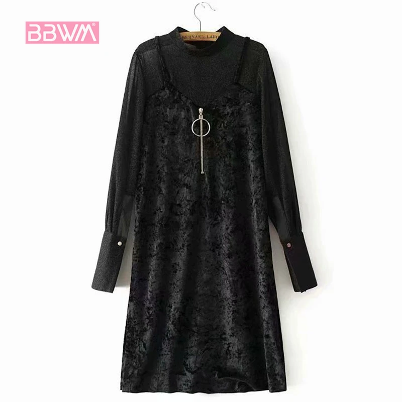 

2018 autumn new fashion slim velvet sling stitching long-sleeved women's dress elegant temperament black