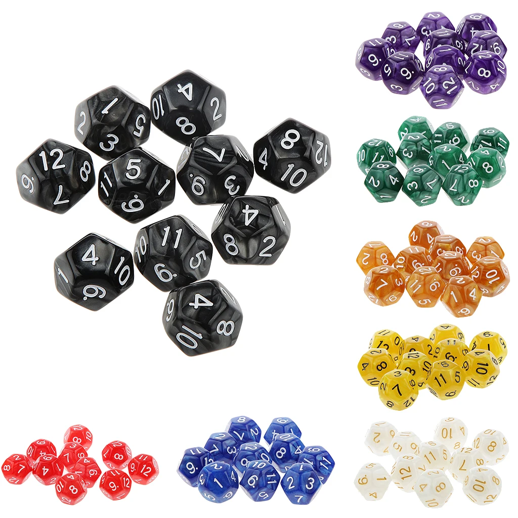 NEW Set of 6 White with Black Numbers D12 Game Dice Twelve Sided RPG D&D 