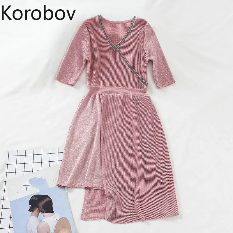 

Korobov Vintage Knitted Vogue Elegant Dresses Women Lurex Patchwork V Neck pink Dress Short Sleeve Irregular Slim Vestidos 77817