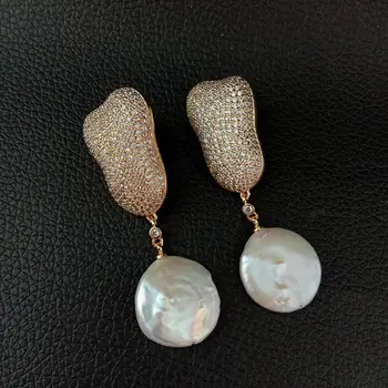 

White Coin Pearl Yellow Golden Gunmetal Black Plated Fuchsia Clear Cz Micro Pave Drop Earrings