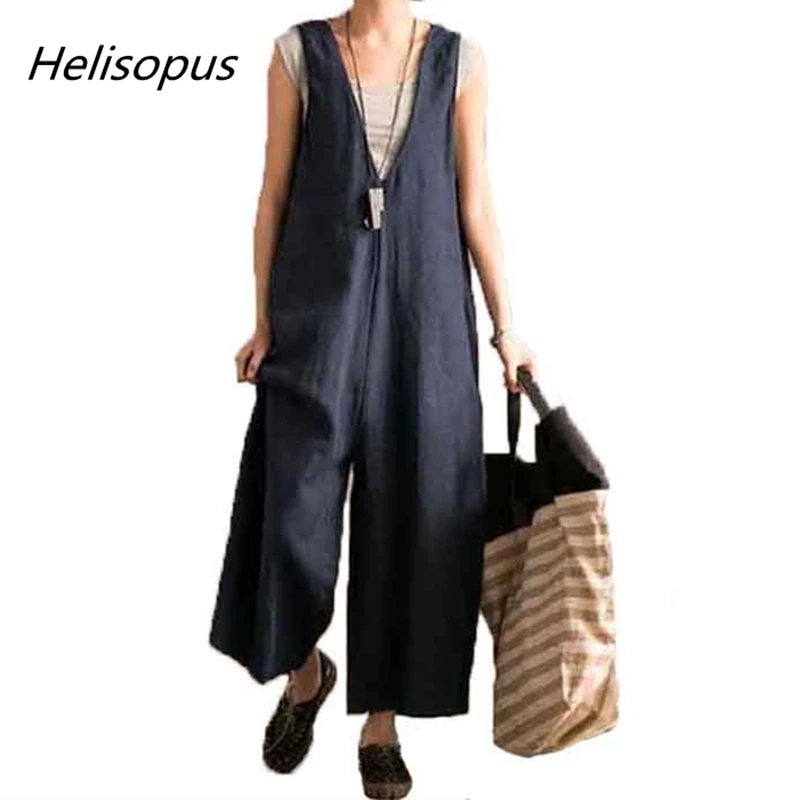 

Helisopus Wide Leg Trouser Women Vintage Bib Overalls Sleeveless Strappy Solid Casual Loose Jumpsuits Plus Size Women Rompers