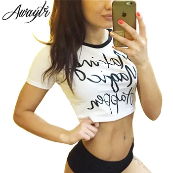Awaytr Women's Summer Letter Printed Crop Top 2017 Short Sleeve Cotton T Shirts Brand New Casual Tees Cute Cropped Top