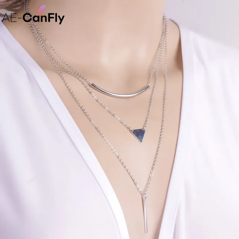 

AE-CANFLY New Fashion Multi layer Geometric Designed Gold Silver Bar Stick Triangle Chain Choker Necklace Pendant 2L3013