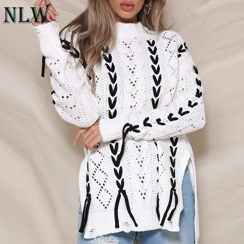 

NLW Harajuku Long Kintted Sweater Women Lace Up Oversize Sweaters Pullovers Sexy Split White Patchwork Hollow Out Jumpers