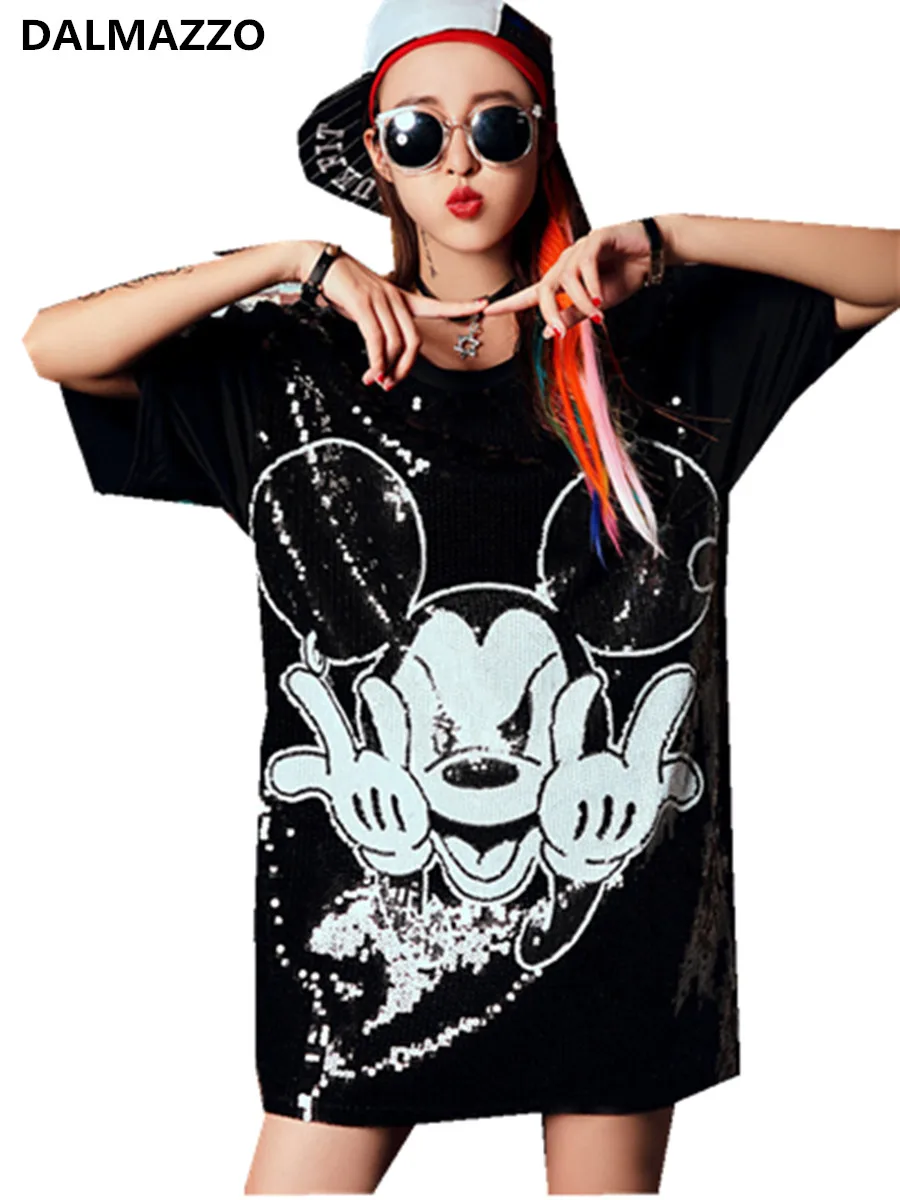 

2020 Summer Black Women Runway Print Mouse 3D Cartoon Designer Sequins Mini Dress Short Sleeve Loose Long T-Shirt Dresses