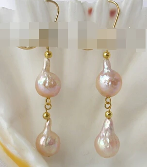 

wb00604 baroque pink keshi reborn freshwater pearl dangle earrings 14K