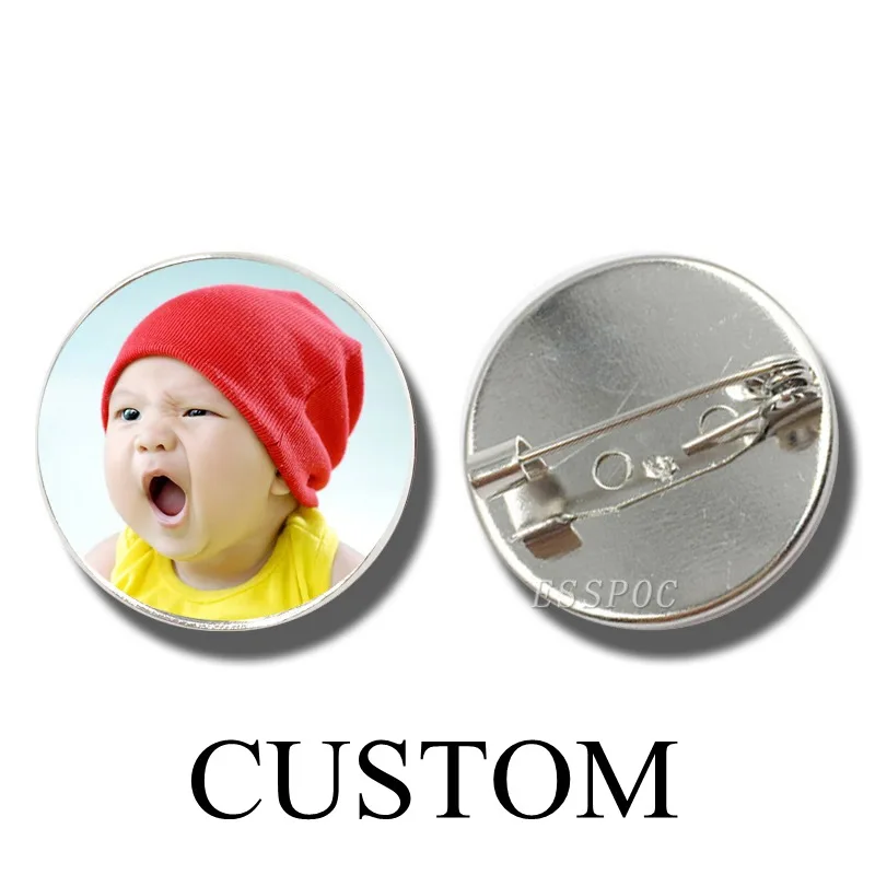 

1pc Custom Round Photo Text Brooch Badge Silver Alloy Women Glass Cabochon Brooches Pins Diy Your Family Name Logo