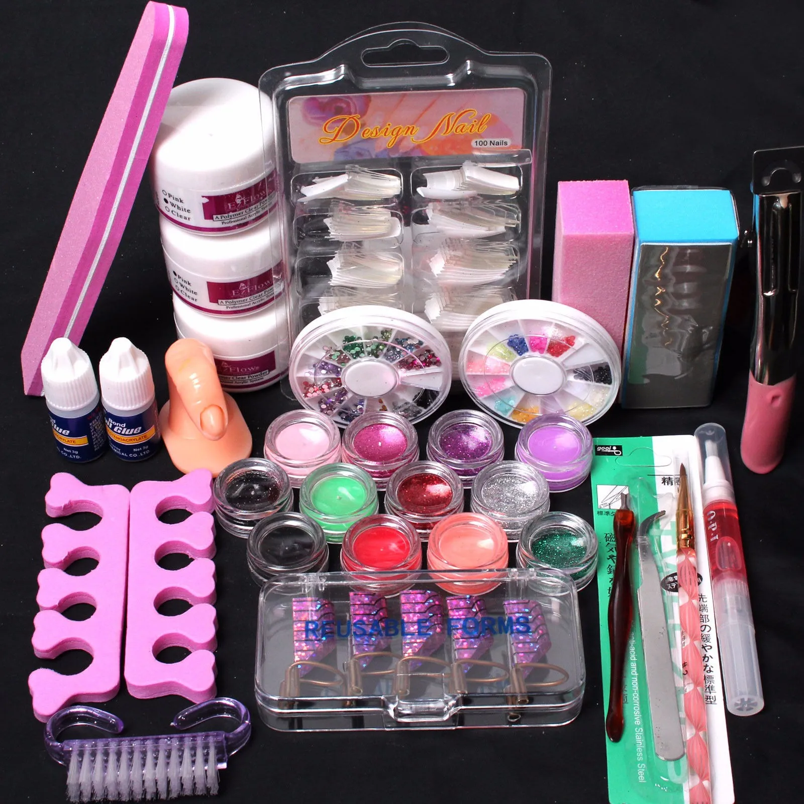 

Pro 1set Acrylic Nail Art Tips Powder Liquid Brush Glitter Clipper Primer File Set Kit Acrylic Liquid Powder Pen Dappen dish