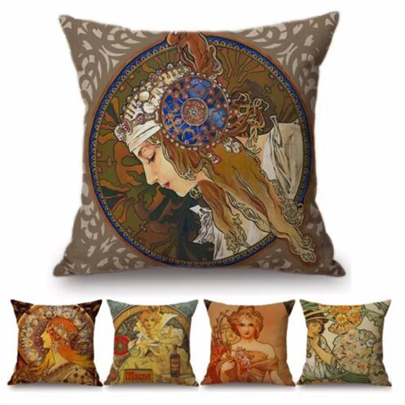

Vintage European Art Nouveau Mucha Gallery Printed Cushion Cover Home Decorative Sofa Coffee Car Chair Throw Pillow Case