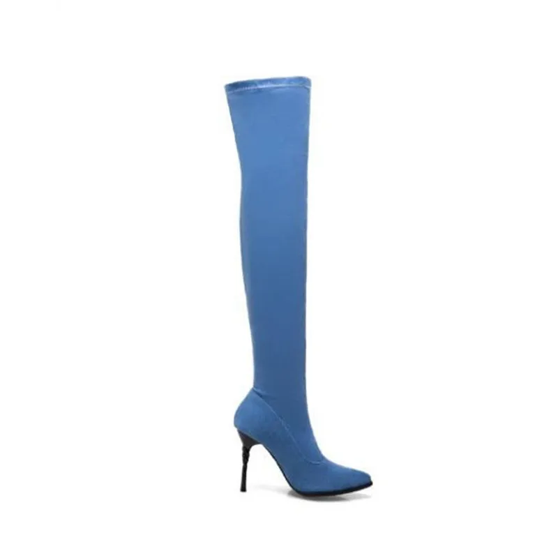 Sexy Pointed Toe Over Knee Boots Denim Slip On Women's Shoes Thigh Boots Rubber Long Barrel Boots 2018 Winter Footwear For Women (6)
