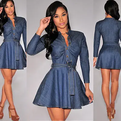 

hirigin 2017 Vintage Denim Dress Women's Ball Gown Long Sleeve Shirt Button Bow Decoration Casual Mini Vestido Plus Size Dresses