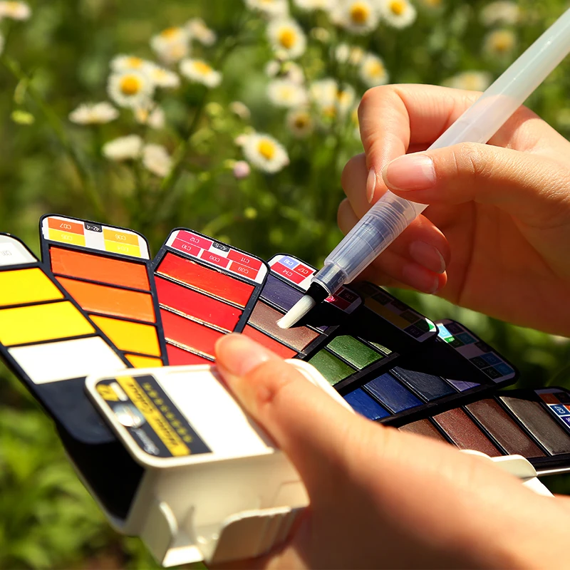 Aquarela com Waterbrush para Desenho Cores Pigmento Tintas Conjunto Sólido Pintura Aquarelas Terno Dobrável 18 - 25 33 42 10 conjunto sólido aquarela com waterbrush para desenho