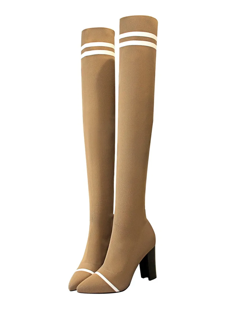 Женские сапоги; осенне-зимние сапоги выше колена; модные вязаные эластичные шерстяные сапоги-носки; женские сапоги до бедра на высоком каблуке