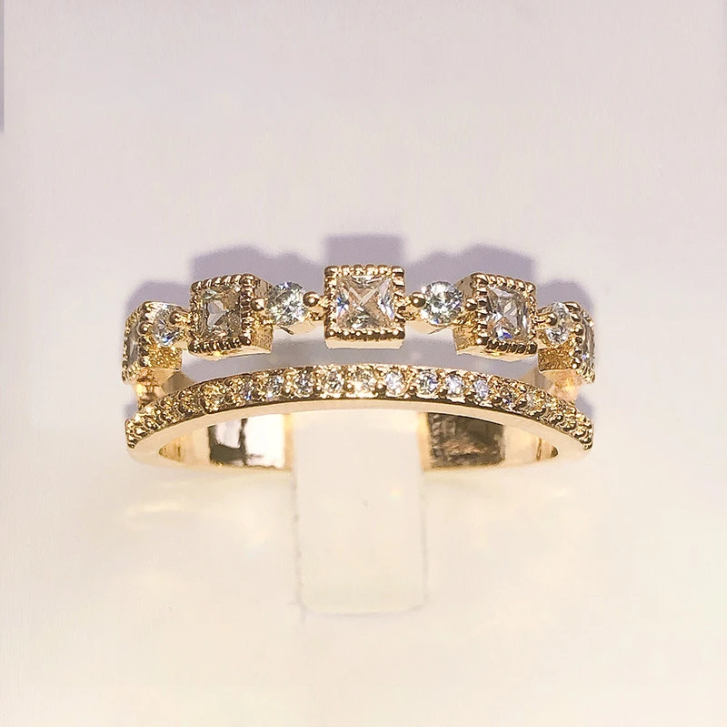 

Ladies yellow noble geometry two rows of inlaid crystal birthday rings, charming embellishment suitable for shopping party tea