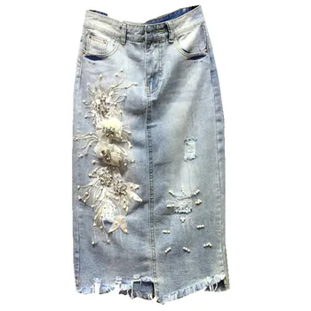 

2020 embroidery jeans skirt women plus button short denim straight skirt high waist women embroidered skirts