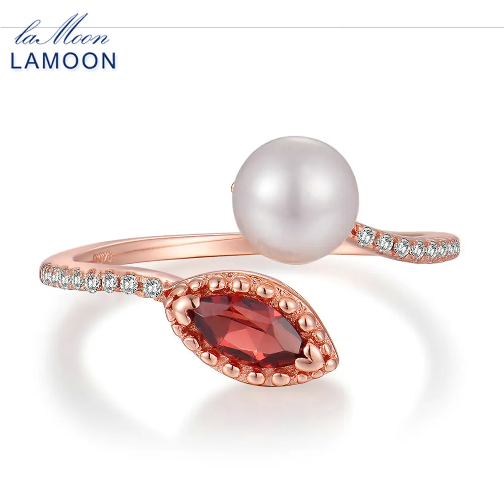 LAMOON Natural Red Garnet Freshwater Pearl 925 Sterling Silver Jewelry Wedding Ring with S925 For Women LMRI048