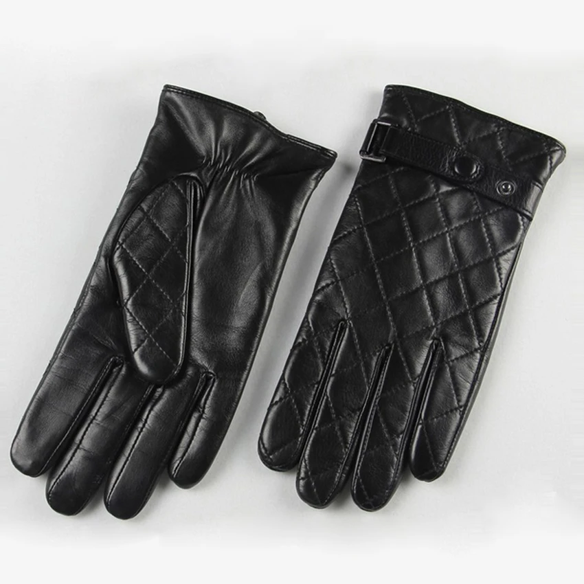 Черные мужские кожаные перчатки с сенсорным экраном, ромбовидная решетка, зимние теплые перчатки из овчины для вождения, высокое качество, пять пальцев, M020NC2