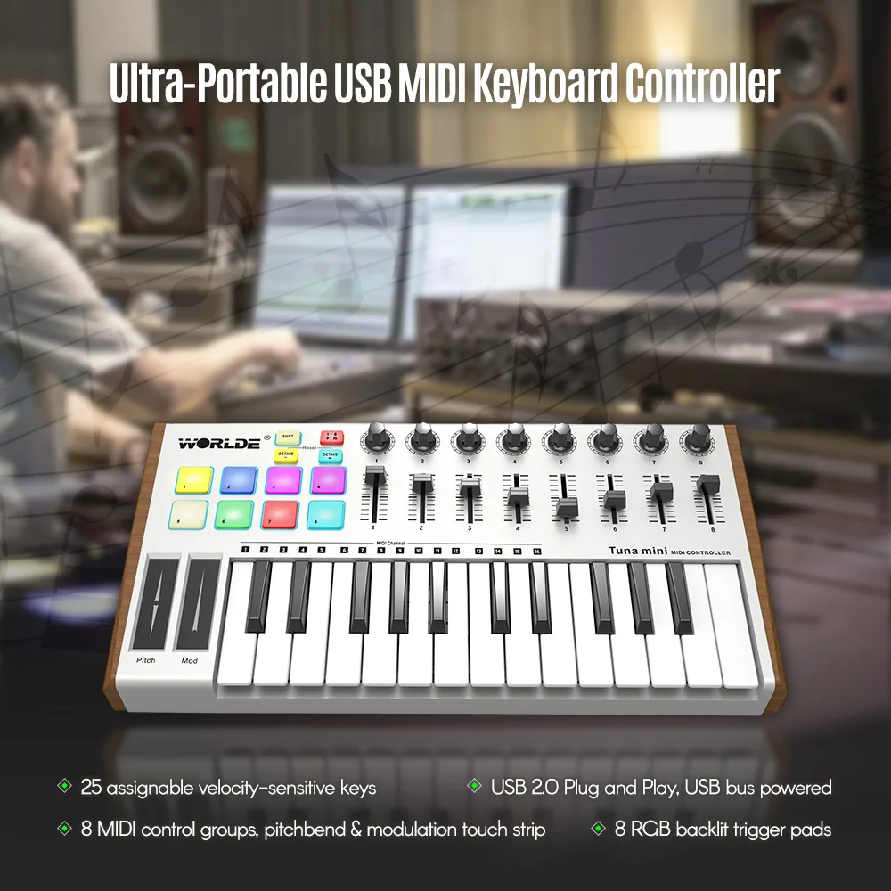 

WORLDE TUNA 25-Key MIDI Controller MINI Ultra-PortableUSB MIDI Keyboard Controller 8 RGB Backlit Trigger Pads