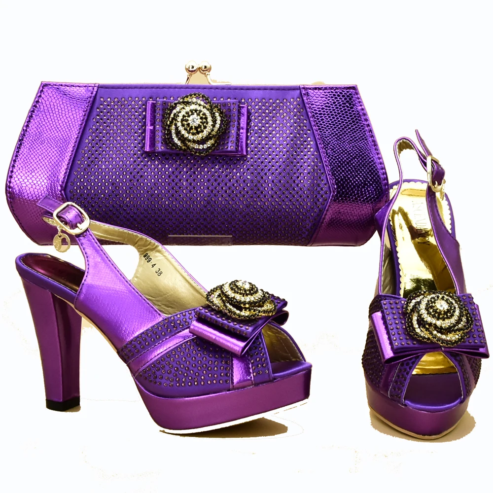 

Italian purple set shoes and bag matching set with stone flowers high heel 4.7 inches sandal and clutches bag SB8319-3