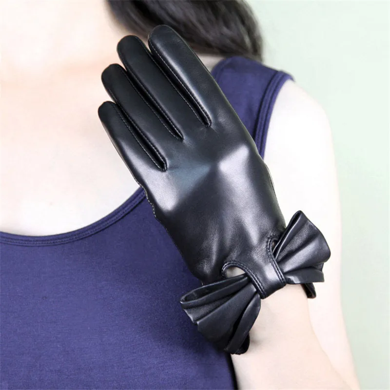 Black Women's Sheepskin Gloves Genuine Leather Butterfly Knot Driving Gloves Winter Warm Plus Velvet Factory Direct Sale WF1603