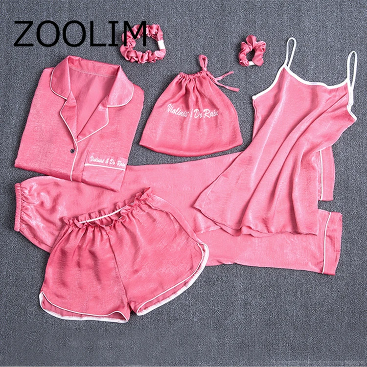 ZOOLIM, Осень-зима, розовый цвет, 7 шт., элегантные женские пижамные комплекты с брюками, пижама с длинным рукавом, шелковая пижама с эластичной резинкой на талии