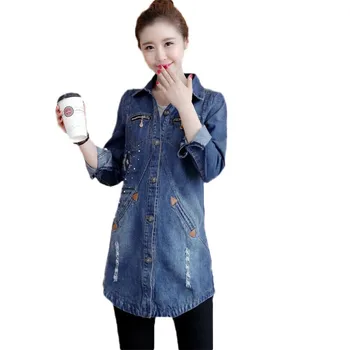 

Denim Jacket Women New Medium Long Thin Diamond Hole Large Size Outerwear Fashion Women Slim Single-Breasted Denim Coat JIA158