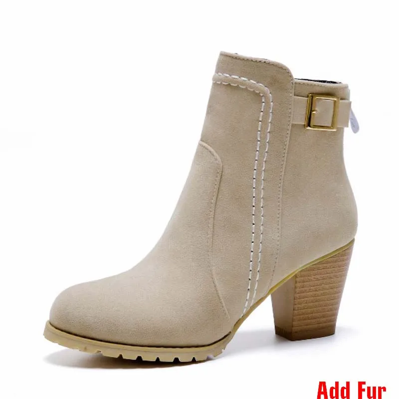 Wetkiss/женские ботинки ботильоны на ремешке с пряжкой обувь на платформе и Высоком толстом каблуке женские сапоги осень-зима, Женская обувь размеры 32-43 - Цвет: beige with fur