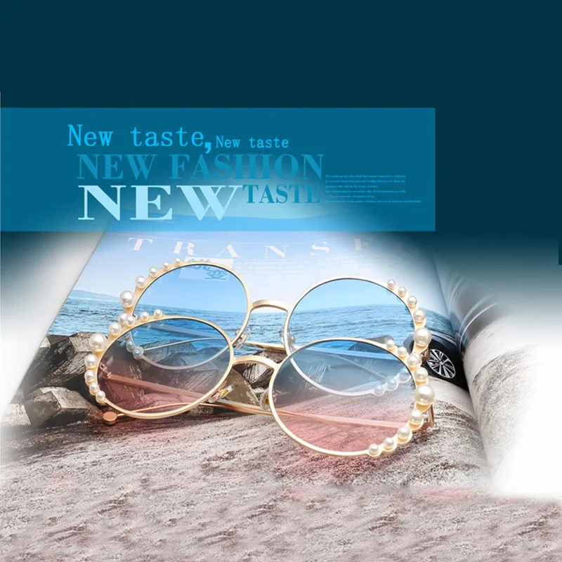 

New round frame pearl sunglasses ladies sunglasses personality round frame sunglasses female ocean piece sunshade mirror