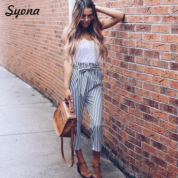 

Women High Waist Straight PENCIL PANTS Belt Stripe Pinstripe Paperbag Trousers Modern Office Lady Plus Size Large Oversized XXXL