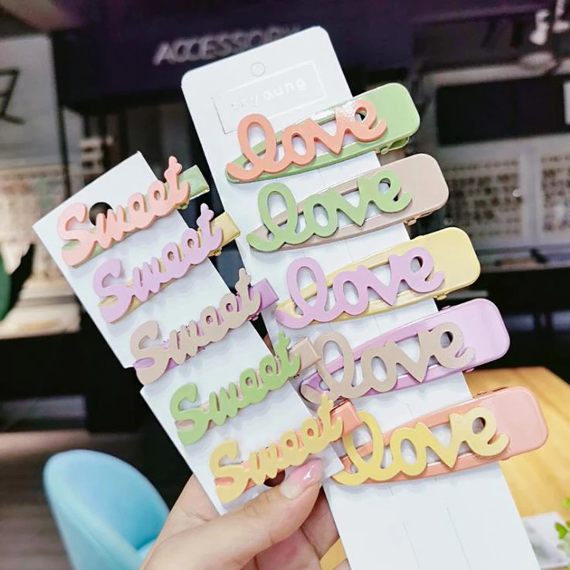 

Fashion Women Girls Barrettes Candy Color Letter LOVE Hairgrips Hairpins Alloy Drop-shaped Hair Clips Geometric Hair Accessories