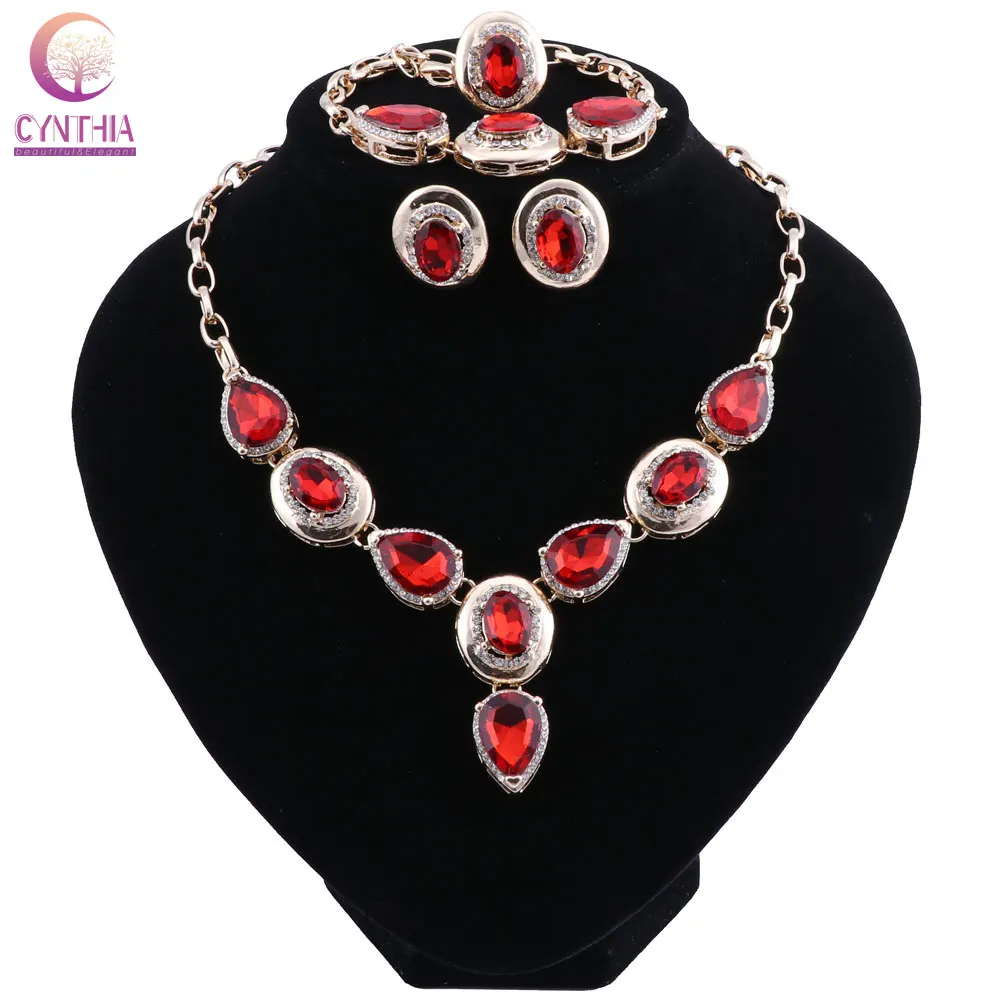 Red Crystal Costume Gold Color Jewelry Sets Women Bracelets Earrings