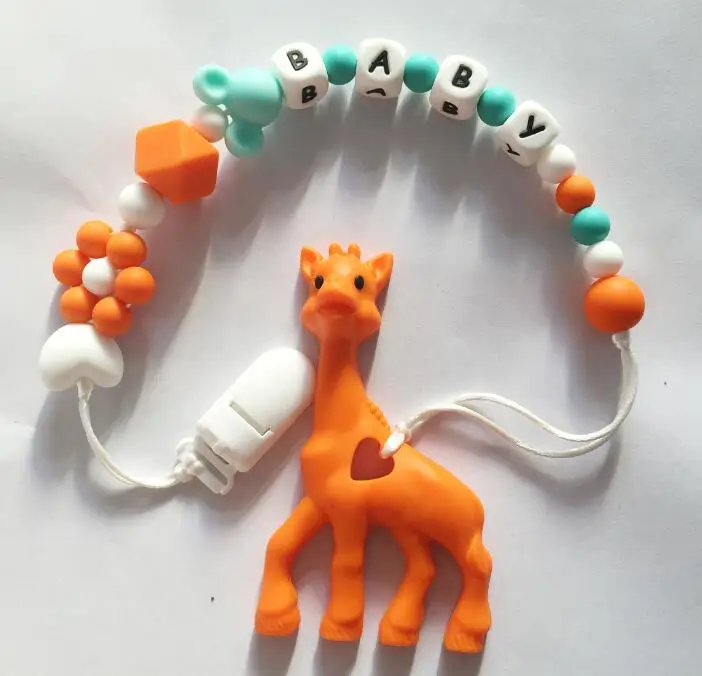 Персонализированные Имя Силиконовые Прорезыватели соски зажимы с жирафом силиконовый Прорезыватель Соска цепь ожерелье для ребенка жевательные игрушки - Окраска металла: orange
