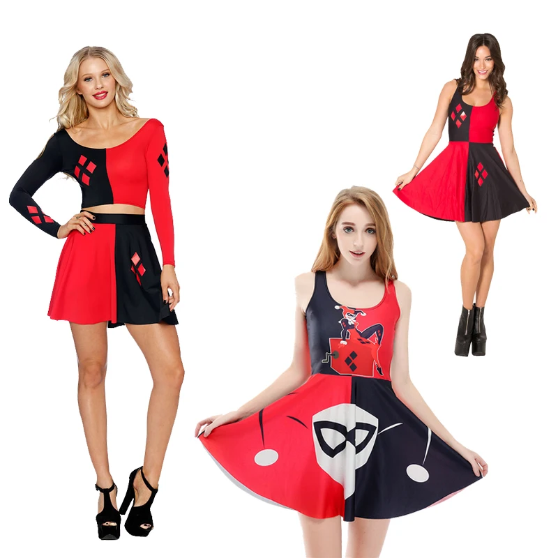 

Adult Women Harley Quinn Summer Sexy cosplay Dress Comics Black Red Super Harley Quinn Prints Pleated Clown Dress Plus size 4XL