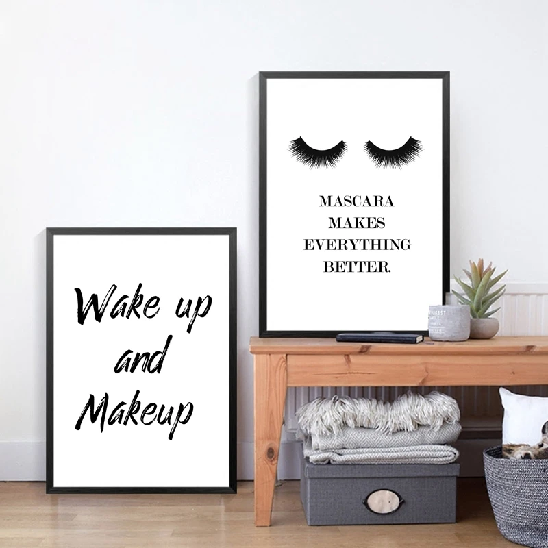 Wake Up And Makeup Quote Canvas Art Prints , Beauty Decor Canvas Painting Mascara Poster Girls